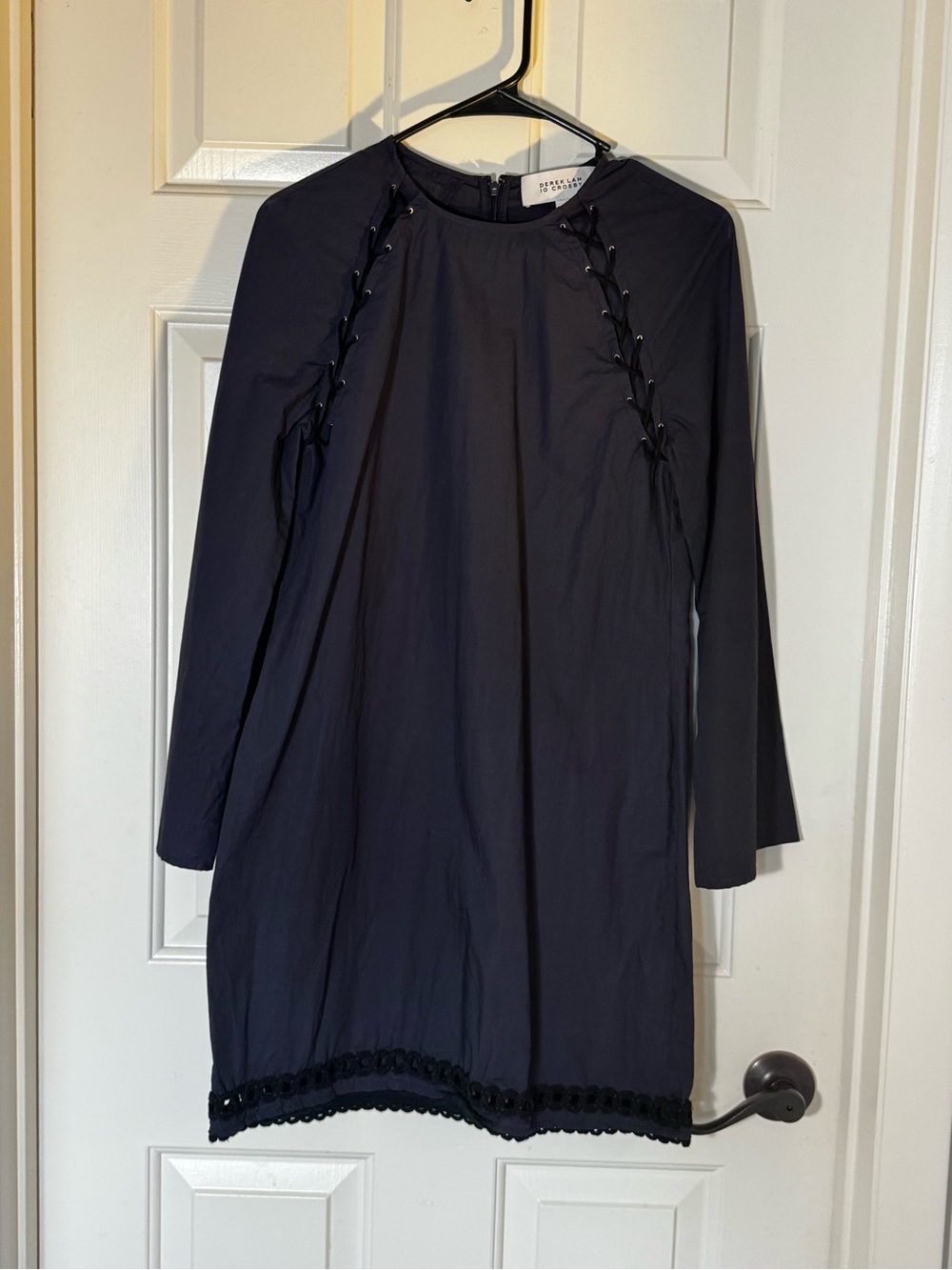 Derek Lam Navy Mini-Sleeve Shift Dress with Lace Trim